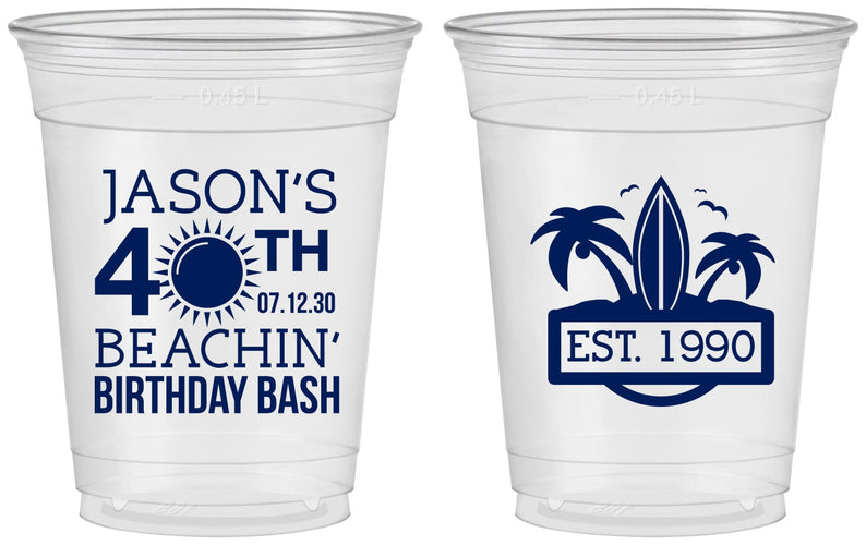 Custom Birthday 16 oz Soft Sided Clear Cups - 40th Beach | 20212