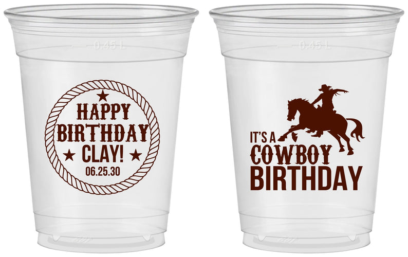 Custom Birthday 16 oz Soft Sided Clear Cups - Cowboy | 20229