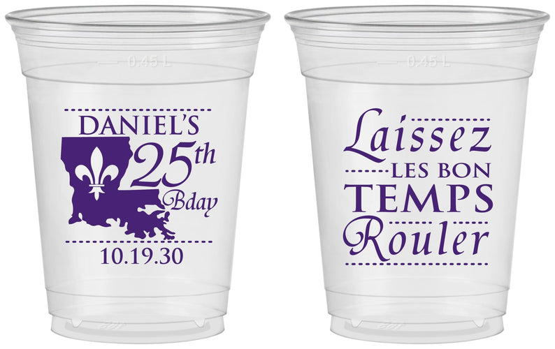 Custom Birthday 16 oz Soft Sided Clear Cups - 25th Mardi Gras | 20245