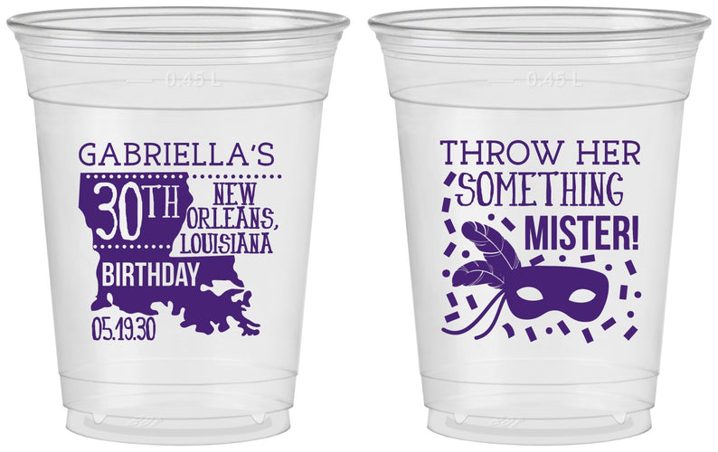 Custom Birthday 16 oz Soft Sided Clear Cups - 30th Mardi Gras | 20246