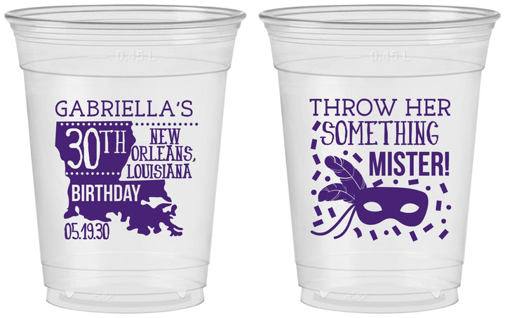 Custom Birthday 16 oz Soft Sided Clear Cups - 30th Mardi Gras | 20246