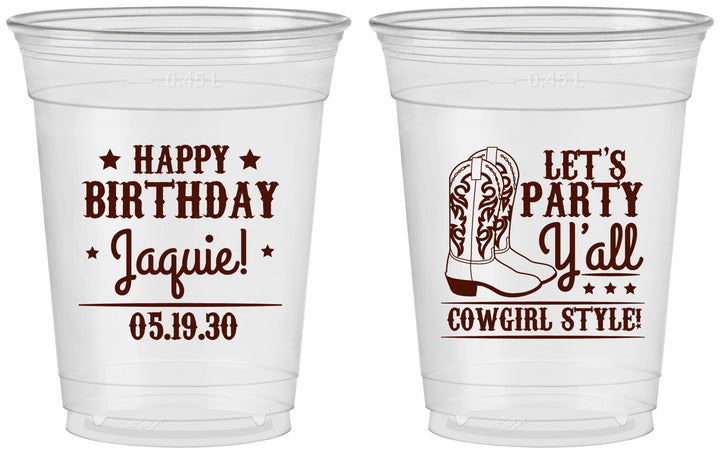 Custom Birthday 16 oz Soft Sided Clear Cups - Cowgirl | 20260