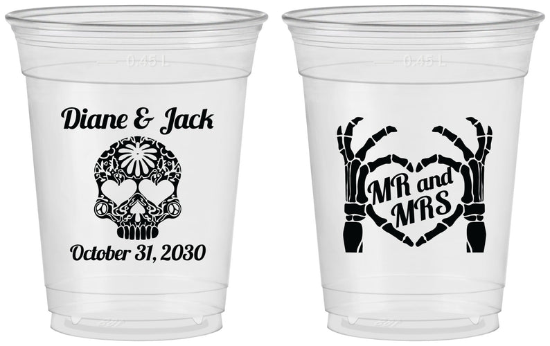 Custom Wedding 16 oz Soft Sided Clear Cups - Mr And Mrs Sugar Skull | 205