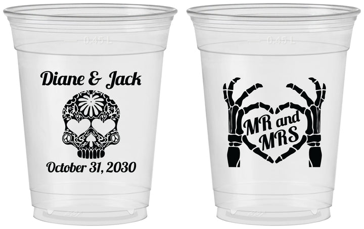 Custom Wedding 16 oz Soft Sided Clear Cups - Mr And Mrs Sugar Skull | 205