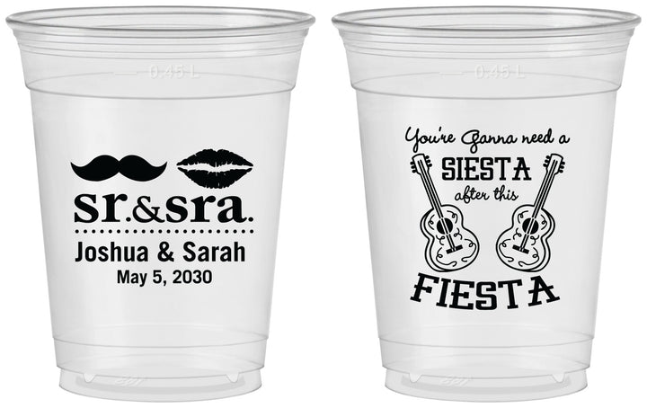 Custom Wedding 16 oz Soft Sided Clear Cups - Siesta Fiesta Sr Sra | 208
