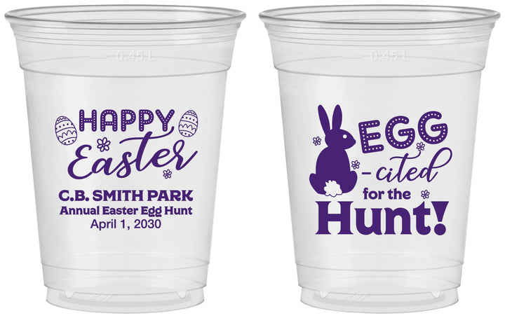 Custom Easter 16 oz Soft Sided Clear Cups - Eggcited For Hunt Bunny | 210002