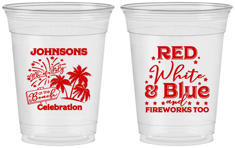 Custom 4th Of July 16 oz Soft Sided Clear Cups - Beach Fireworks | 220022