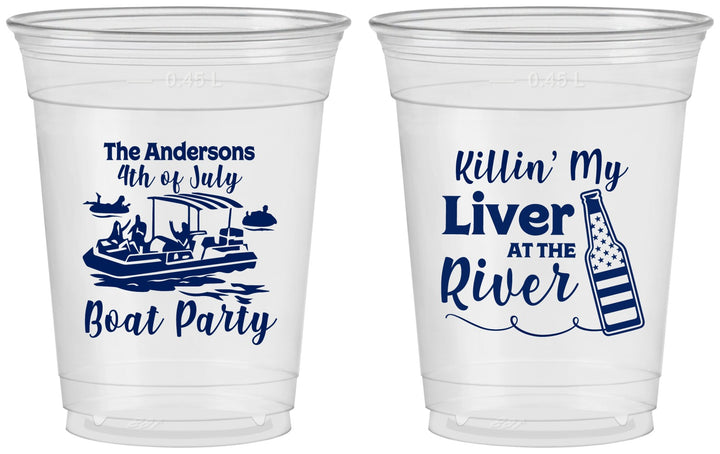 Custom 4th Of July 16 oz Soft Sided Clear Cups - Boat River | 220033