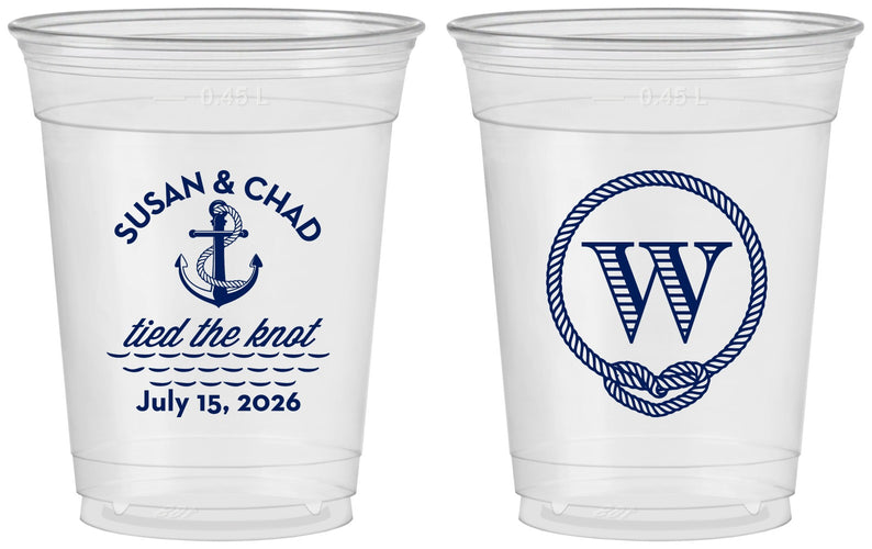 Custom Wedding 16 oz Soft Sided Clear Cups - Monogram Nautical | 226