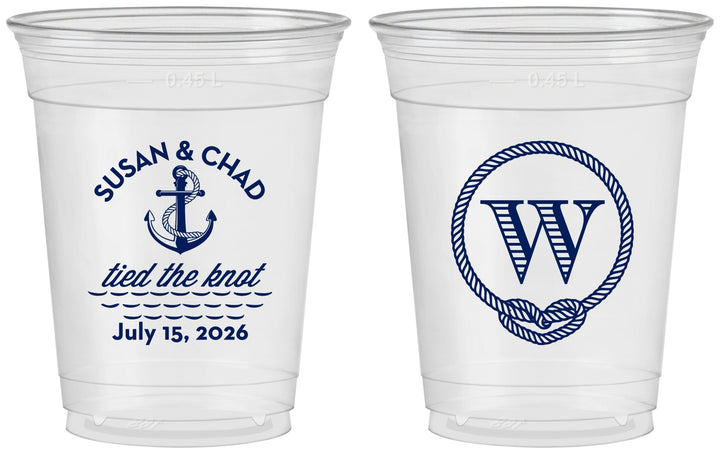Custom Wedding 16 oz Soft Sided Clear Cups - Monogram Nautical | 226