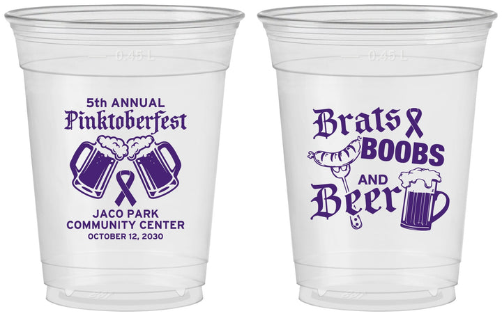Custom Awareness 16 oz Soft Sided Clear Cups - Brats Boobs Beer | 230012