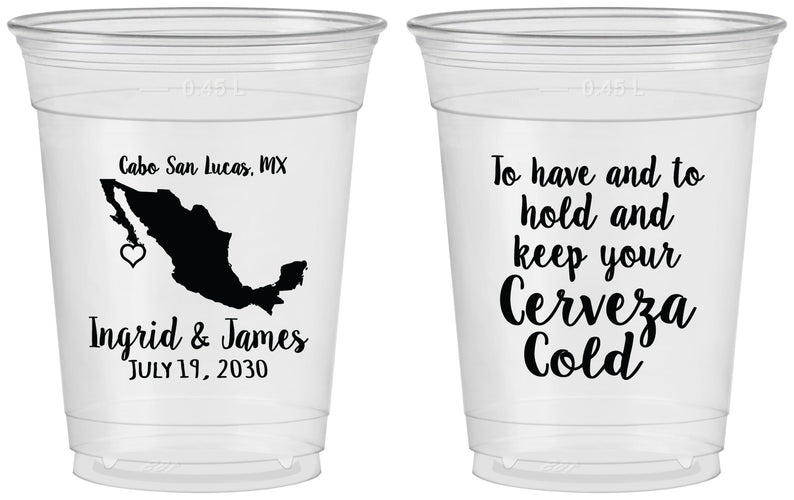 Custom Wedding 16 oz Soft Sided Clear Cups - Cerveza Mexico | 240