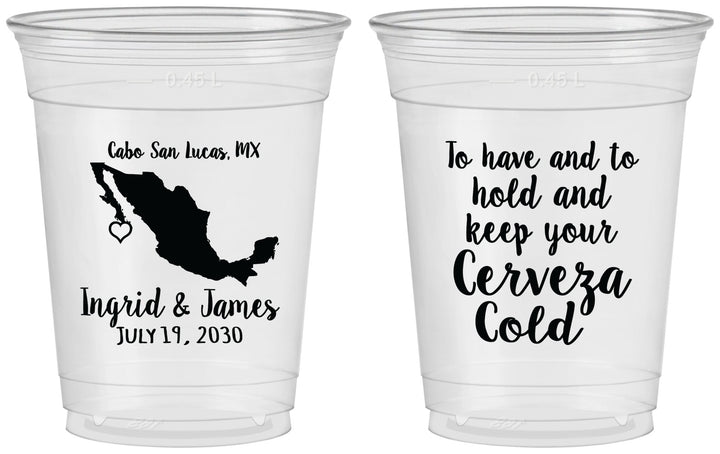 Custom Wedding 16 oz Soft Sided Clear Cups - Cerveza Mexico | 240