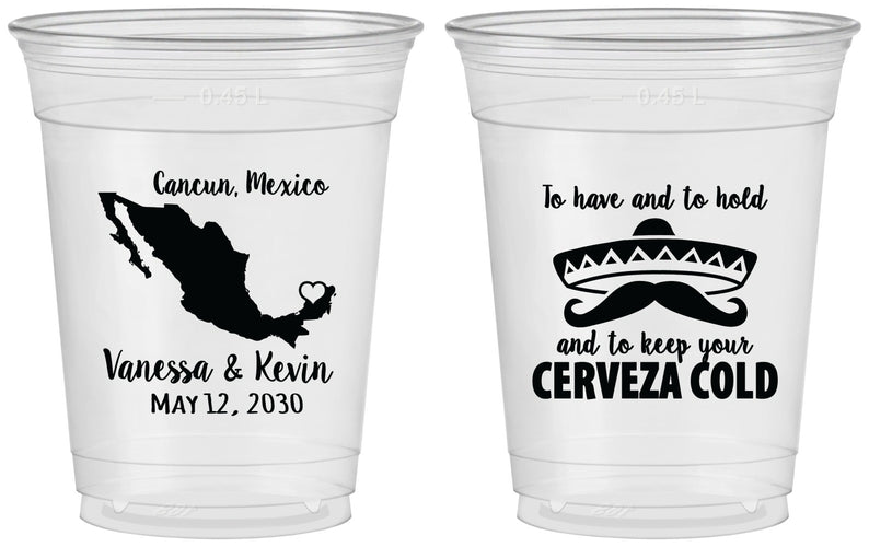 Custom Wedding 16 oz Soft Sided Clear Cups - Cerveza Mexico | 241