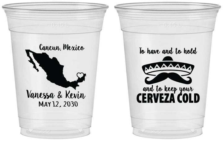 Custom Wedding 16 oz Soft Sided Clear Cups - Cerveza Mexico | 241