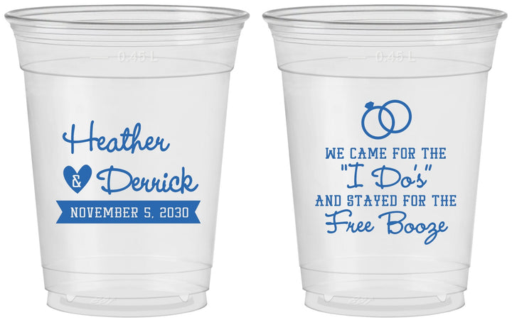 Custom Wedding 16 oz Soft Sided Clear Cups - I Do Free Booze | 243