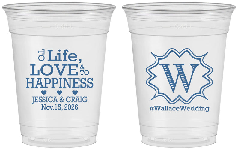 Custom Wedding 16 oz Soft Sided Clear Cups - Life Love Happiness | 248