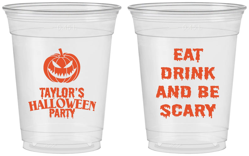 Custom Halloween 16 oz Soft Sided Clear Cups - Scary Pumpkin | 250008