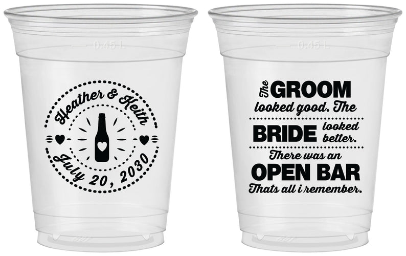 Custom Wedding 16 oz Soft Sided Clear Cups - Groom Bride Open Bar | 253