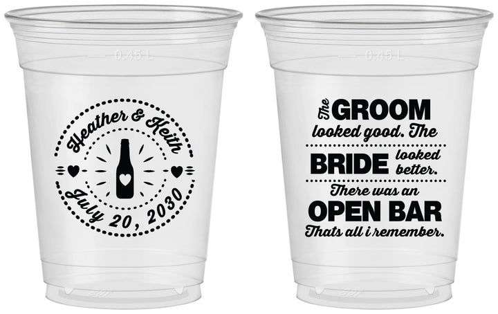 Custom Wedding 16 oz Soft Sided Clear Cups - Groom Bride Open Bar | 253