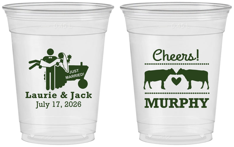 Custom Wedding 16 oz Soft Sided Clear Cups - Tractor Cows | 257