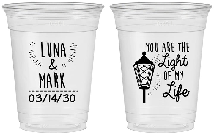 Custom Wedding 16 oz Soft Sided Clear Cups - You Are The Light Of My Life | 261
