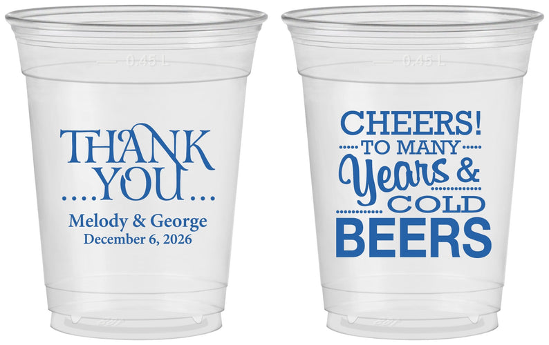 Custom Wedding 16 oz Soft Sided Clear Cups - Cheers Years Cold Beers | 271