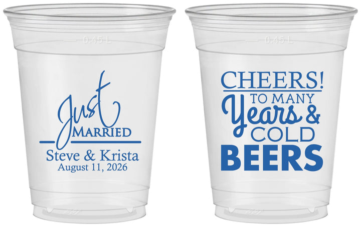 Custom Wedding 16 oz Soft Sided Clear Cups - Cheers Years Cold Beers | 274