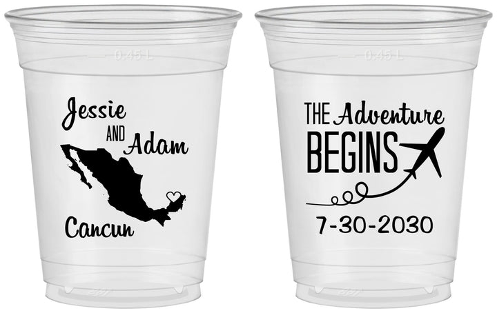 Custom Wedding 16 oz Soft Sided Clear Cups - The Adventure Begins | 275