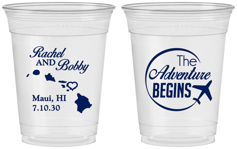Custom Wedding 16 oz Soft Sided Clear Cups - The Adventure Begins | 278