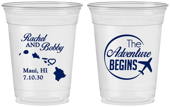 Custom Wedding 16 oz Soft Sided Clear Cups - The Adventure Begins | 278