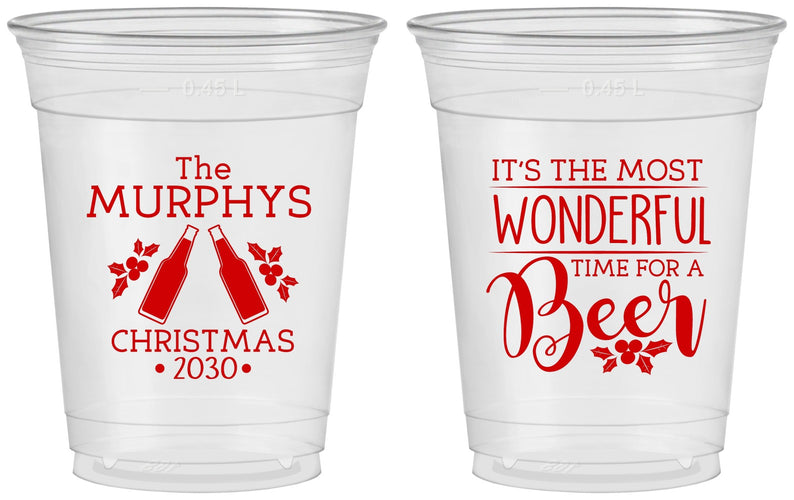 Custom Christmas 16 oz Soft Sided Clear Cups - Wonderful Time For A Beer | 280012