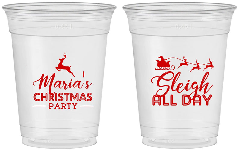 Custom Christmas 16 oz Soft Sided Clear Cups - Sleigh All Day | 280030