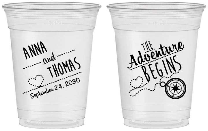 Custom Wedding 16 oz Soft Sided Clear Cups - The Adventure Begins | 284