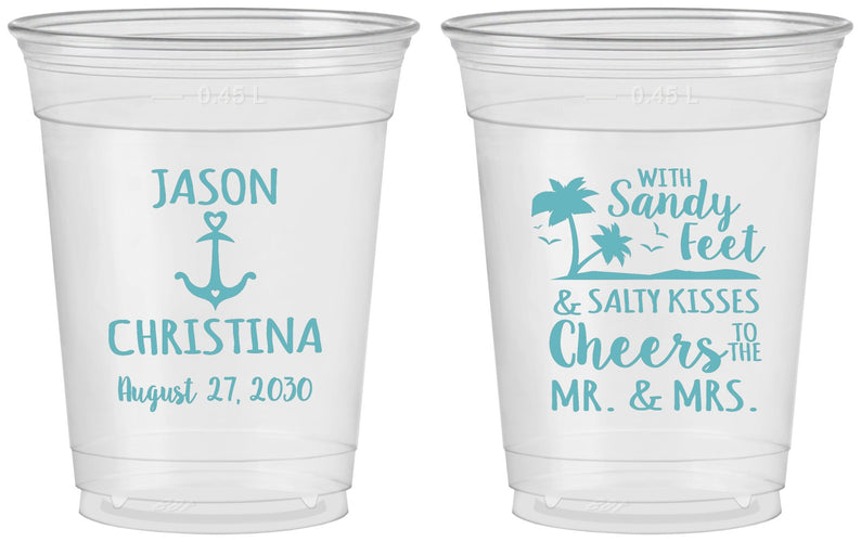 Custom Wedding 16 oz Soft Sided Clear Cups - Sandy Feet Salty Kisses | 290