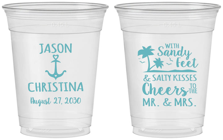 Custom Wedding 16 oz Soft Sided Clear Cups - Sandy Feet Salty Kisses | 290