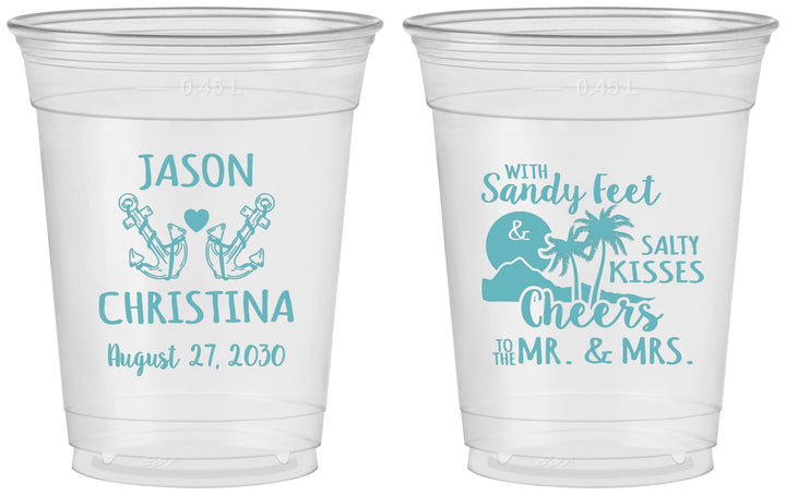 Custom Wedding 16 oz Soft Sided Clear Cups - Sandy Feet Salty Kisses | 291