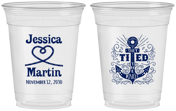 Custom Wedding 16 oz Soft Sided Clear Cups - They Tied The Knot Nautical | 293