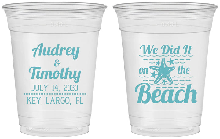Custom Wedding 16 oz Soft Sided Clear Cups - We Did It On The Beach | 294