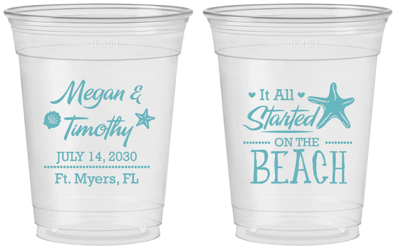 Custom Wedding 16 oz Soft Sided Clear Cups - Started On The Beach | 295