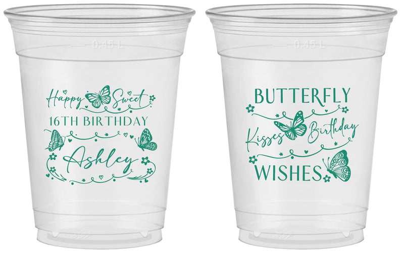 Custom 16th Birthday 16 oz Soft Sided Clear Cups - Butterfly Wishes | 300001