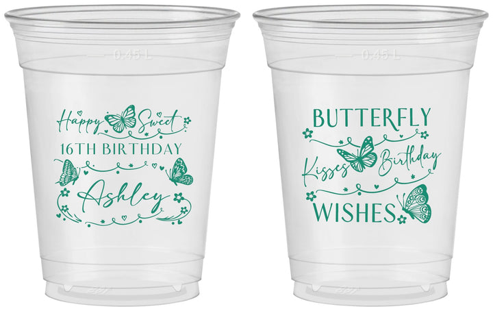 Custom 16th Birthday 16 oz Soft Sided Clear Cups - Butterfly Wishes | 300001