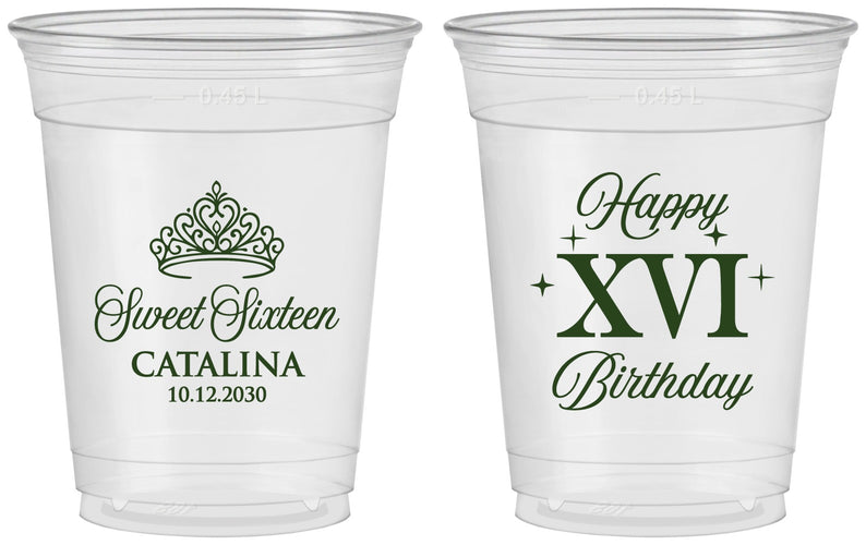 Custom 16th Birthday 16 oz Soft Sided Clear Cups - Tiara | 300002