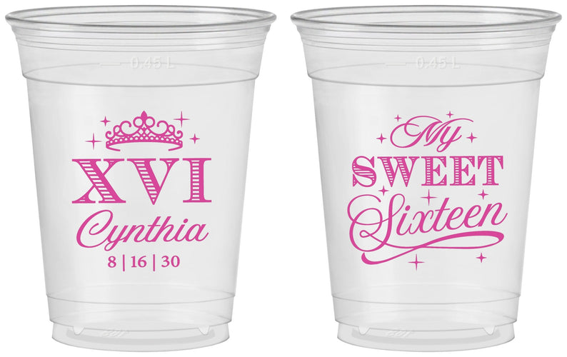 Custom 16th Birthday 16 oz Soft Sided Clear Cups - Tiara | 300003