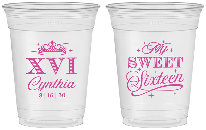 Custom 16th Birthday 16 oz Soft Sided Clear Cups - Tiara | 300003