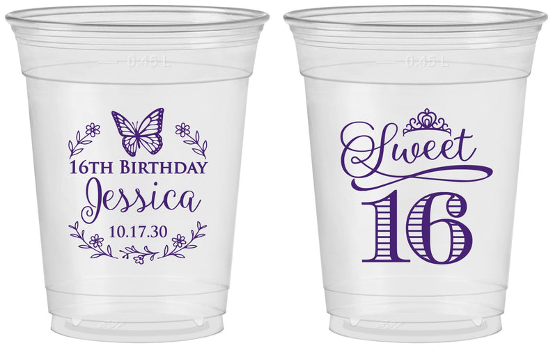 Custom 16th Birthday 16 oz Soft Sided Clear Cups - Butterfly | 300005