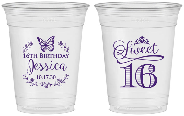 Custom 16th Birthday 16 oz Soft Sided Clear Cups - Butterfly | 300005