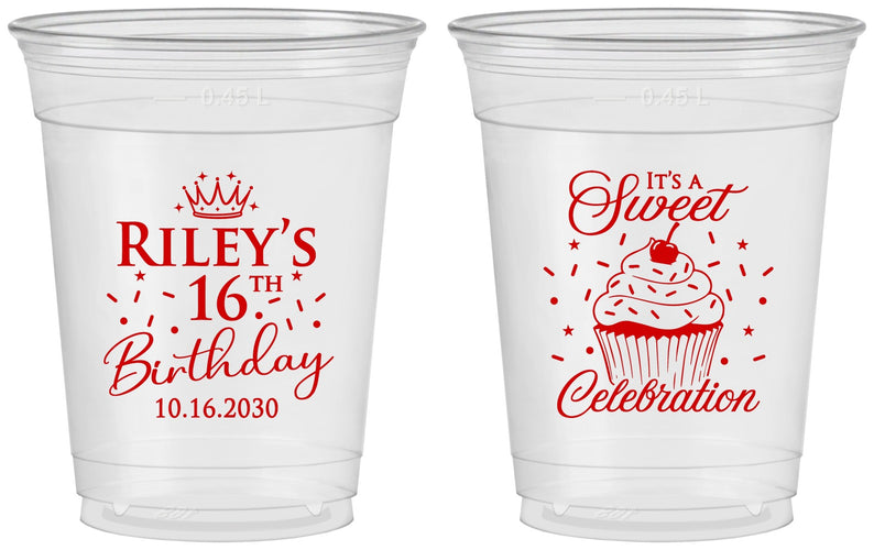 Custom 16th Birthday 16 oz Soft Sided Clear Cups - Cupcake | 300006