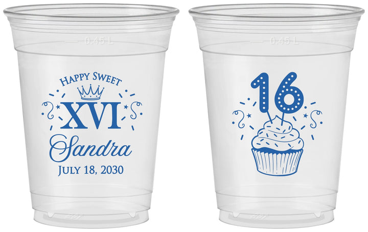 Custom 16th Birthday 16 oz Soft Sided Clear Cups - Cupcake | 300007