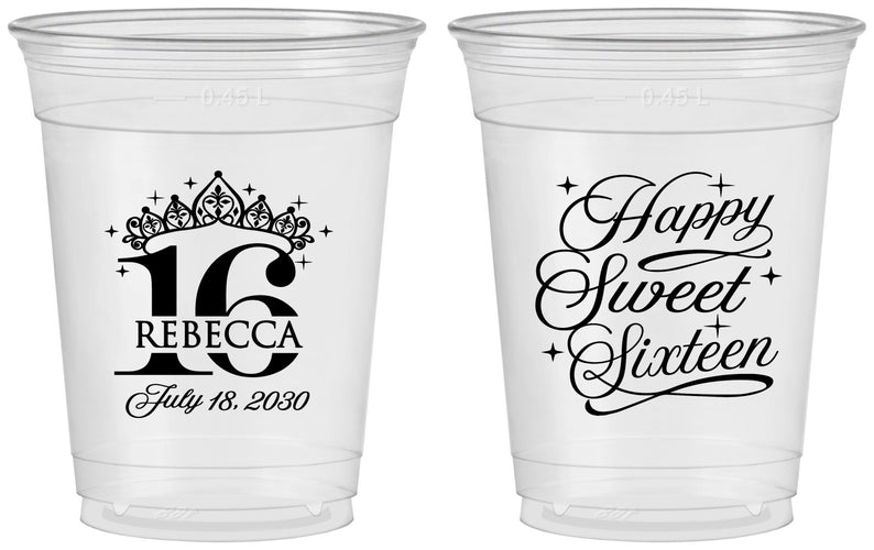 Custom 16th Birthday 16 oz Soft Sided Clear Cups - Tiara | 300008